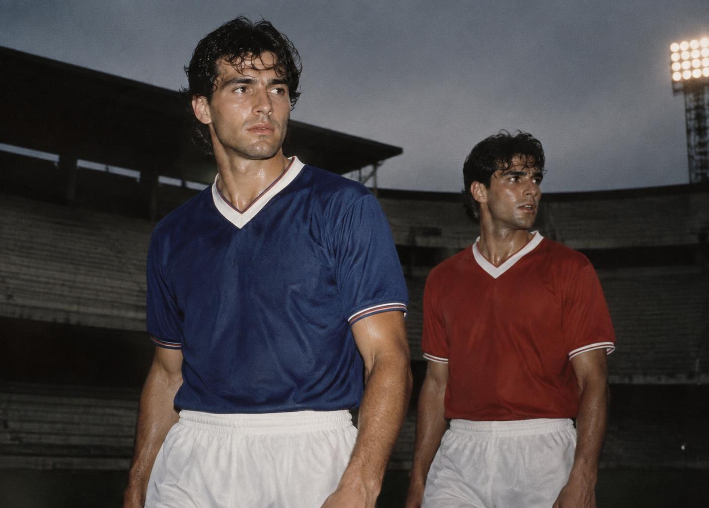 Vintage football players in retro shirts
